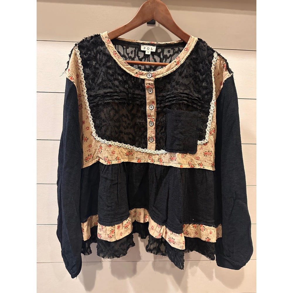 POL Clothing Mixed Media Lace Floral Button Front Top GWT441 Black Cream Small